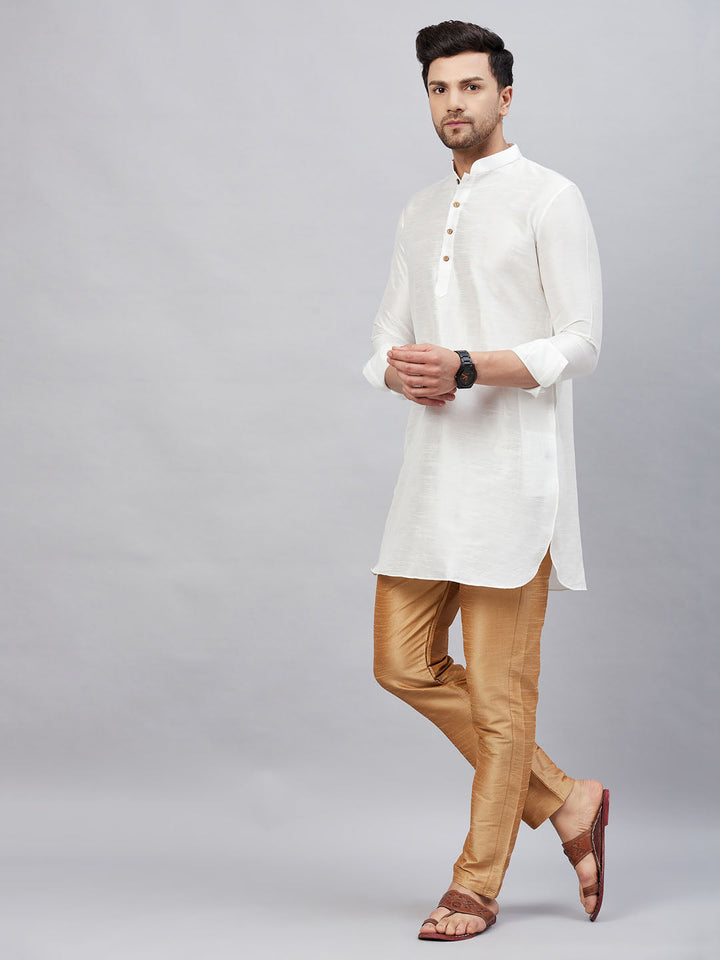 Sarvati Men's White Silk Blend Curved Kurta Pant Set