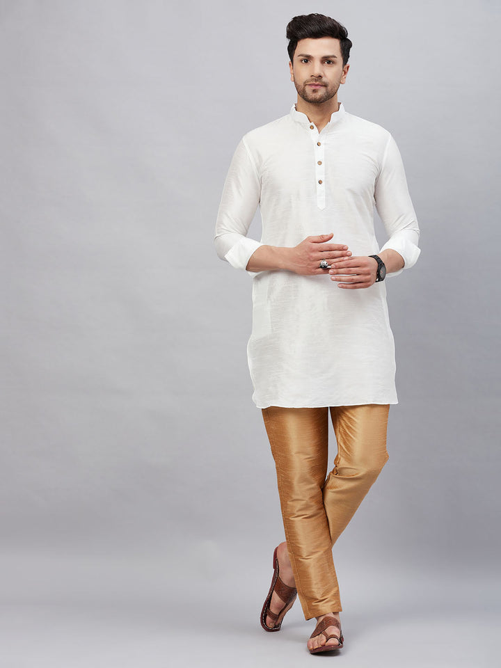 Sarvati Men's White Silk Blend Curved Kurta Pant Set