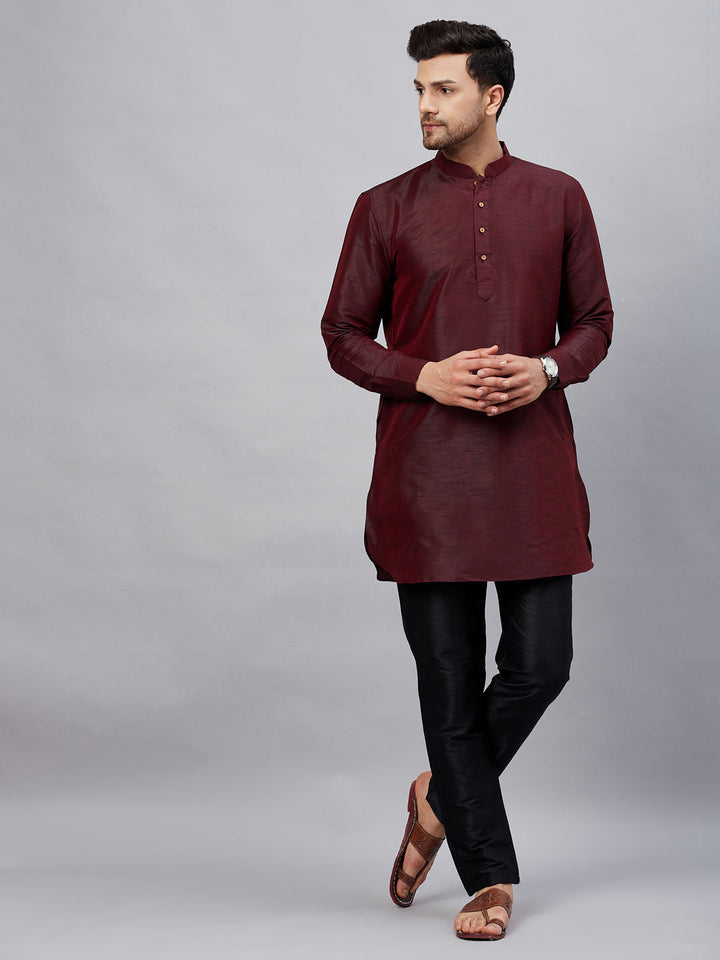 Sarvati Men's Wine Silk Blend Curved Kurta Pant Set