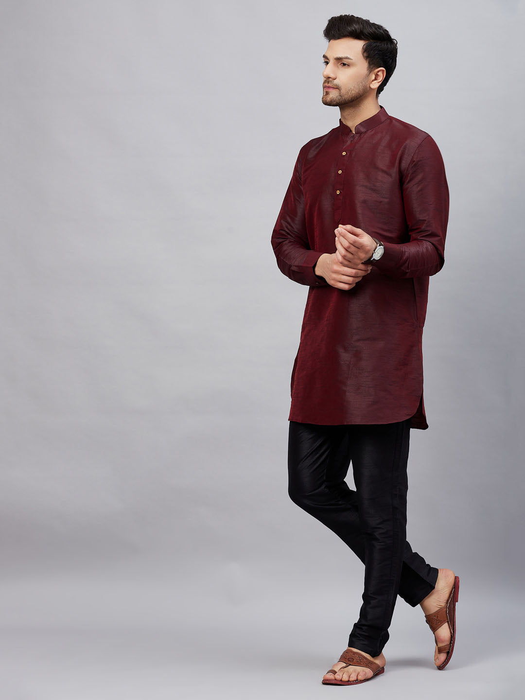 Sarvati Men's Wine Silk Blend Curved Kurta Pant Set