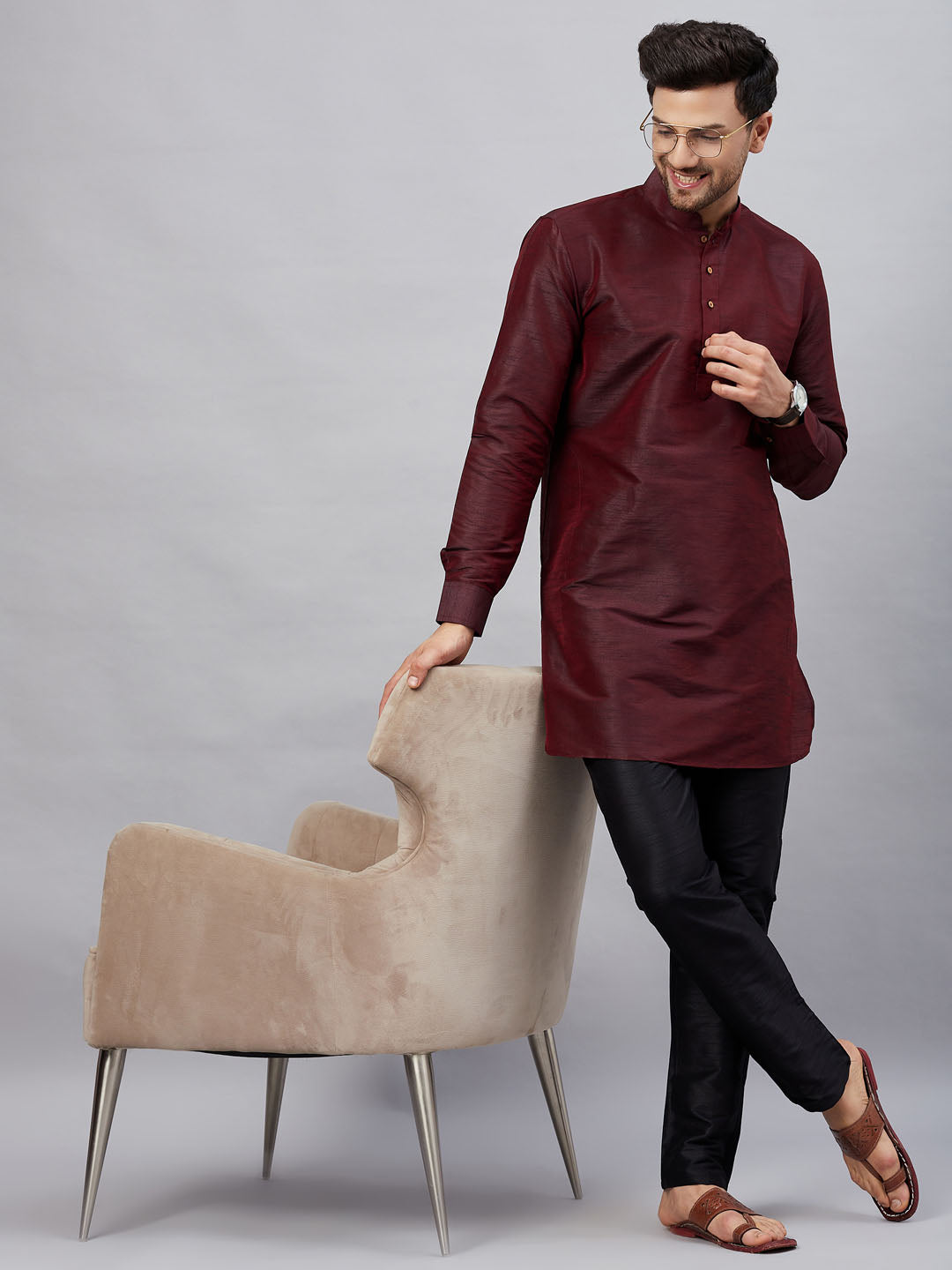 Sarvati Men's Wine Silk Blend Curved Kurta Pant Set