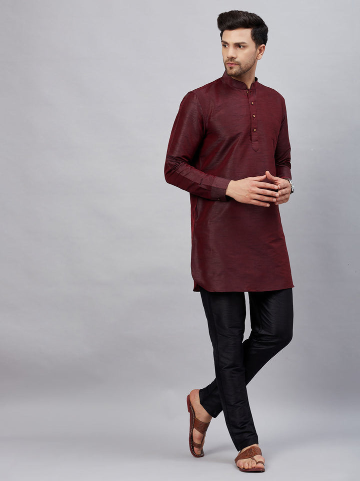 Sarvati Men's Wine Silk Blend Curved Kurta Pant Set