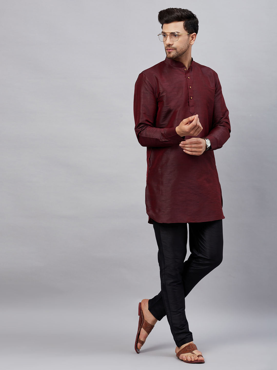 Sarvati Men's Wine Silk Blend Curved Kurta Pant Set