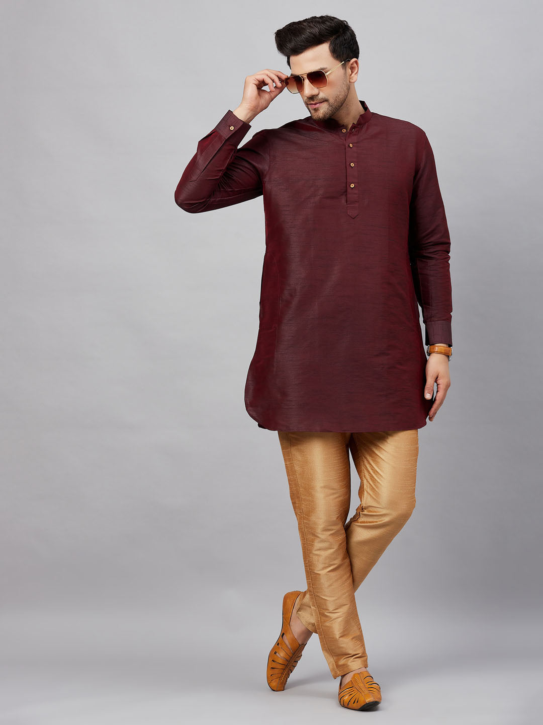 Sarvati Men's Wine Silk Blend Curved Kurta Pant Set