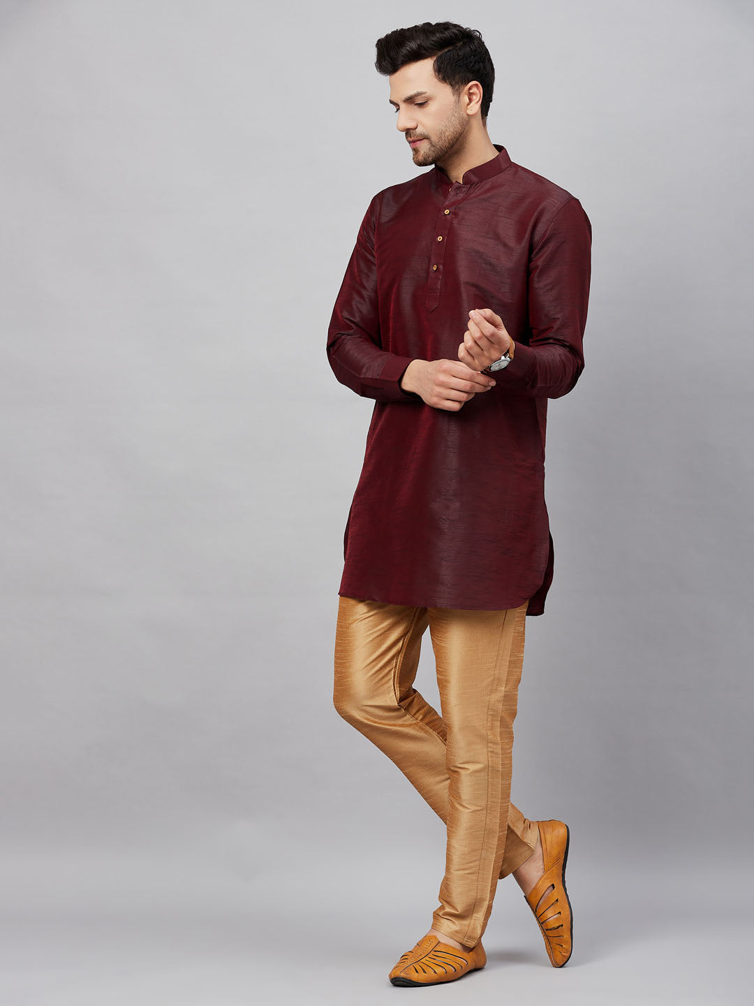 Sarvati Men's Wine Silk Blend Curved Kurta Pant Set