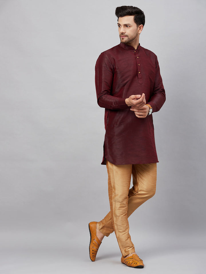 Sarvati Men's Wine Silk Blend Curved Kurta Pant Set