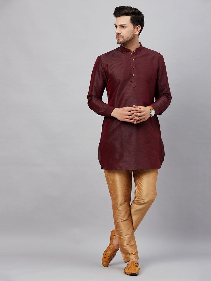 Sarvati Men's Wine Silk Blend Curved Kurta Pant Set