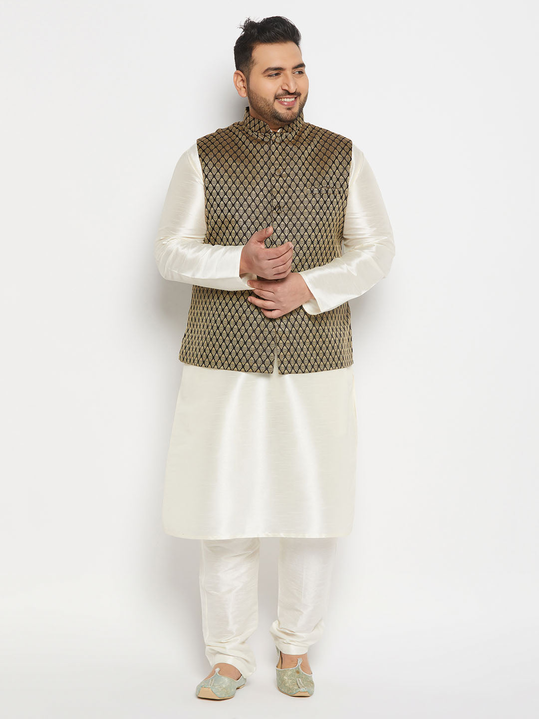 Men's Plus Size Black And Gold Jacquard Nehru Jacket