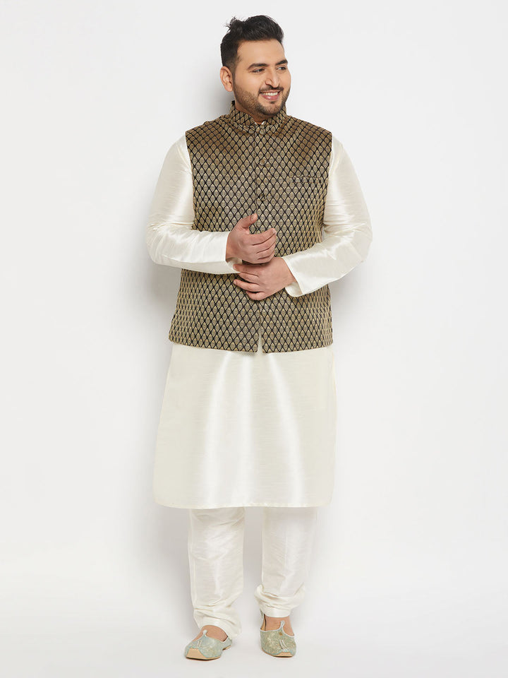 Men's Plus Size Black And Gold Jacquard Nehru Jacket