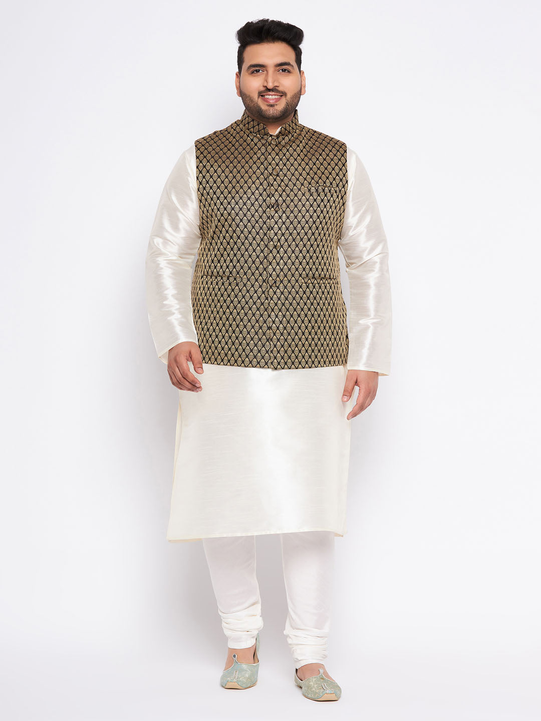 Sarvati Men's Plus Size  Black Ethnic Jacket With Cream Silk Blend Kurta and Pyjama Set