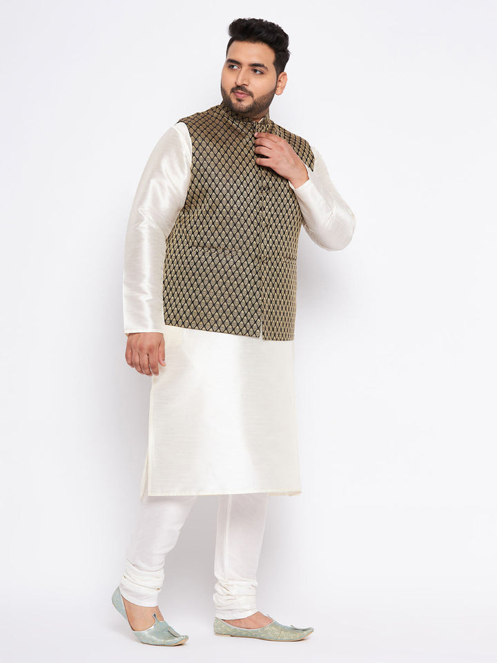 Sarvati Men's Plus Size  Black Ethnic Jacket With Cream Silk Blend Kurta and Pyjama Set