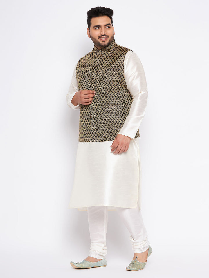 Sarvati Men's Plus Size  Black Ethnic Jacket With Cream Silk Blend Kurta and Pyjama Set