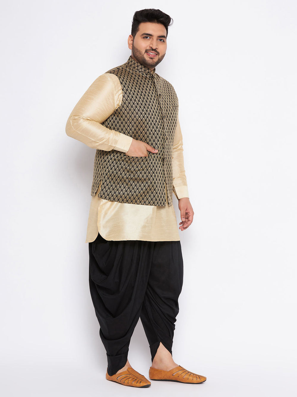 Sarvati Men's Plus Size  Black Ethnic Jacket With golden Silk Blend Kurta and black dhoti Set