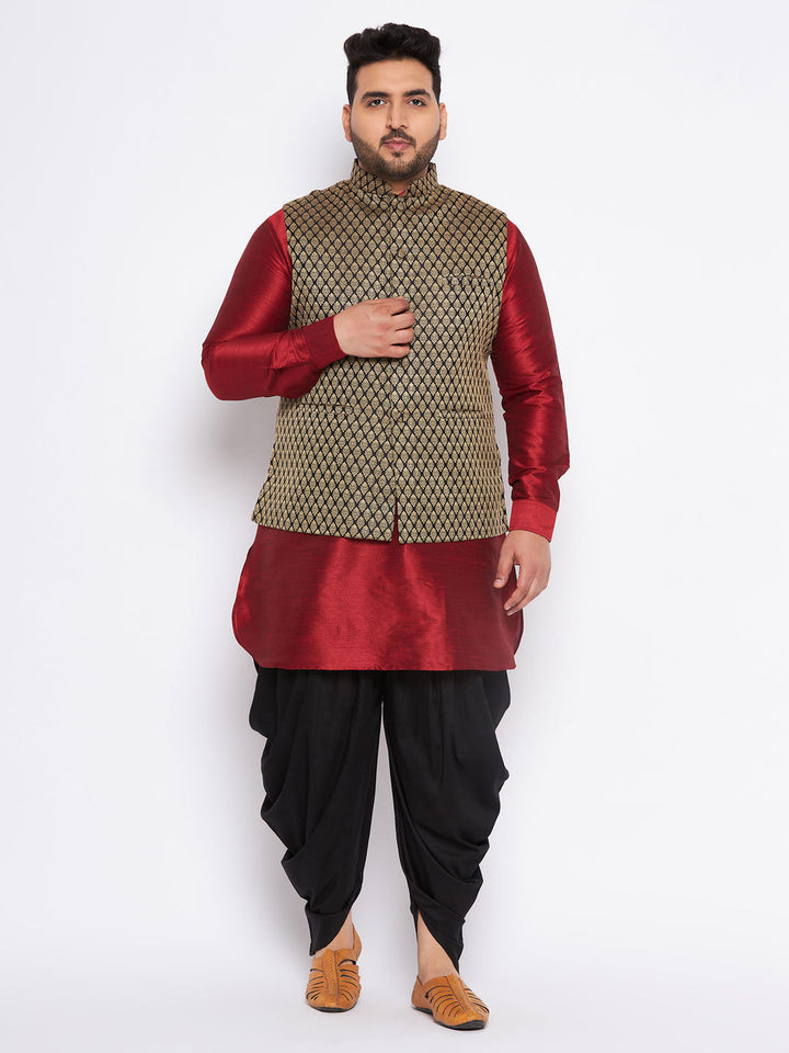 Sarvati Men's Plus Size Black Ethnic Jacket With Maroon Silk Blend Kurta and black dhoti Set