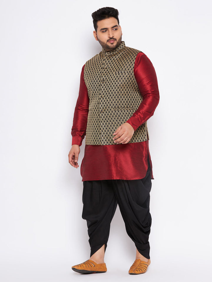 Sarvati Men's Plus Size Black Ethnic Jacket With Maroon Silk Blend Kurta and black dhoti Set