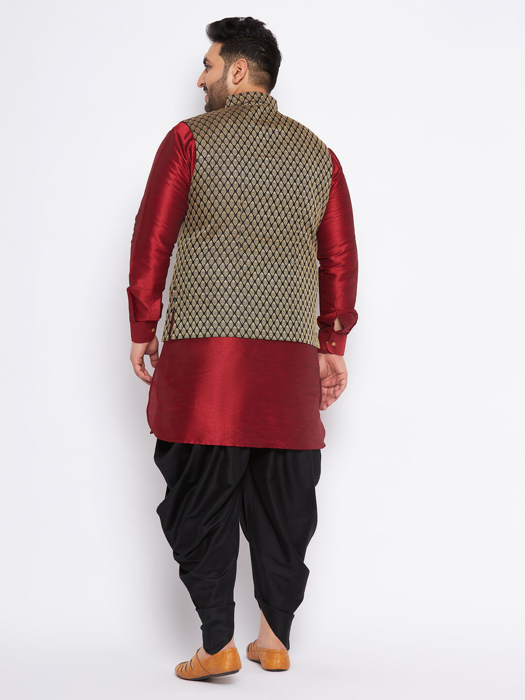 Sarvati Men's Plus Size Black Ethnic Jacket With Maroon Silk Blend Kurta and black dhoti Set