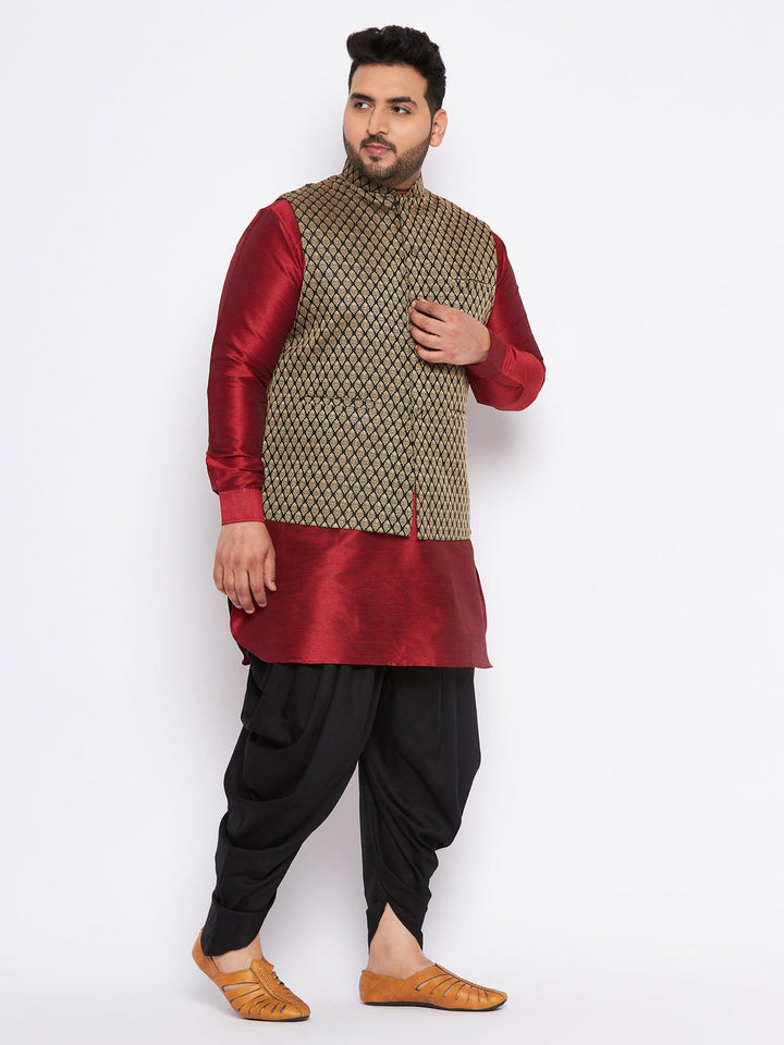 Sarvati Men's Plus Size Black Ethnic Jacket With Maroon Silk Blend Kurta and black dhoti Set