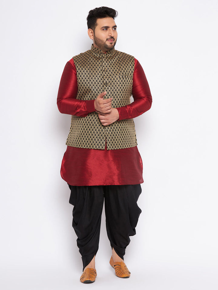 Sarvati Men's Plus Size Black Ethnic Jacket With Maroon Silk Blend Kurta and black dhoti Set