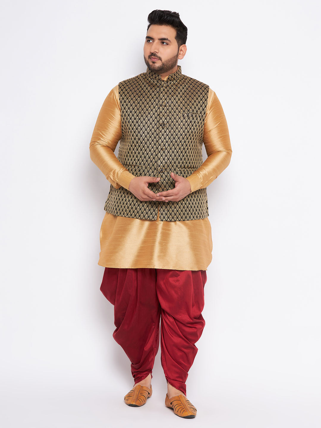 Sarvati Men's Plus Size Black Ethnic Jacket With Rose Gold Silk Blend Kurta and Maroon dhoti Set