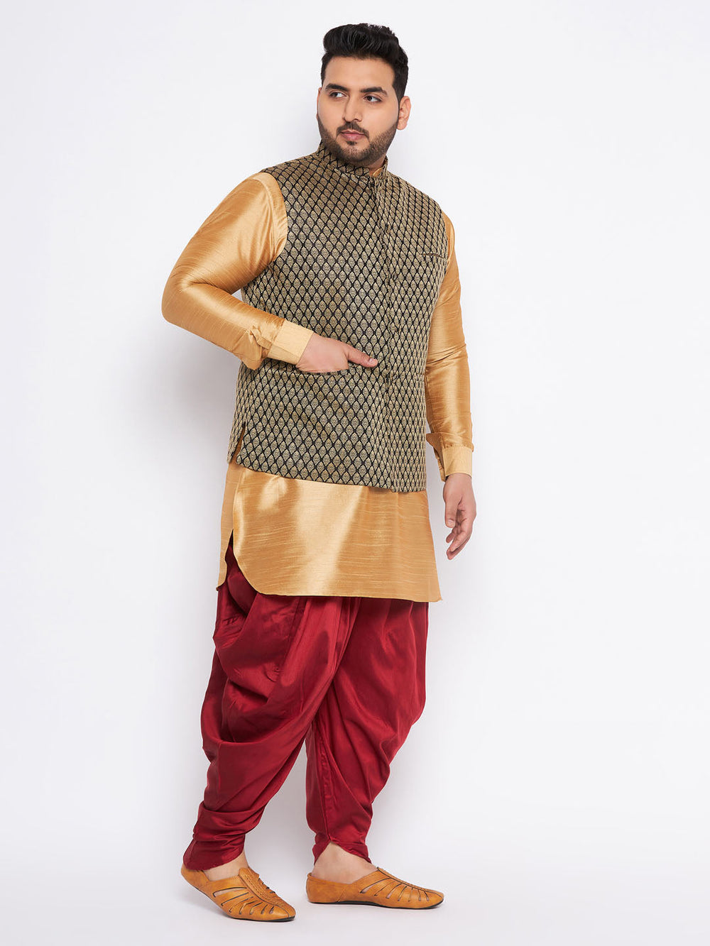 Sarvati Men's Plus Size Black Ethnic Jacket With Rose Gold Silk Blend Kurta and Maroon dhoti Set