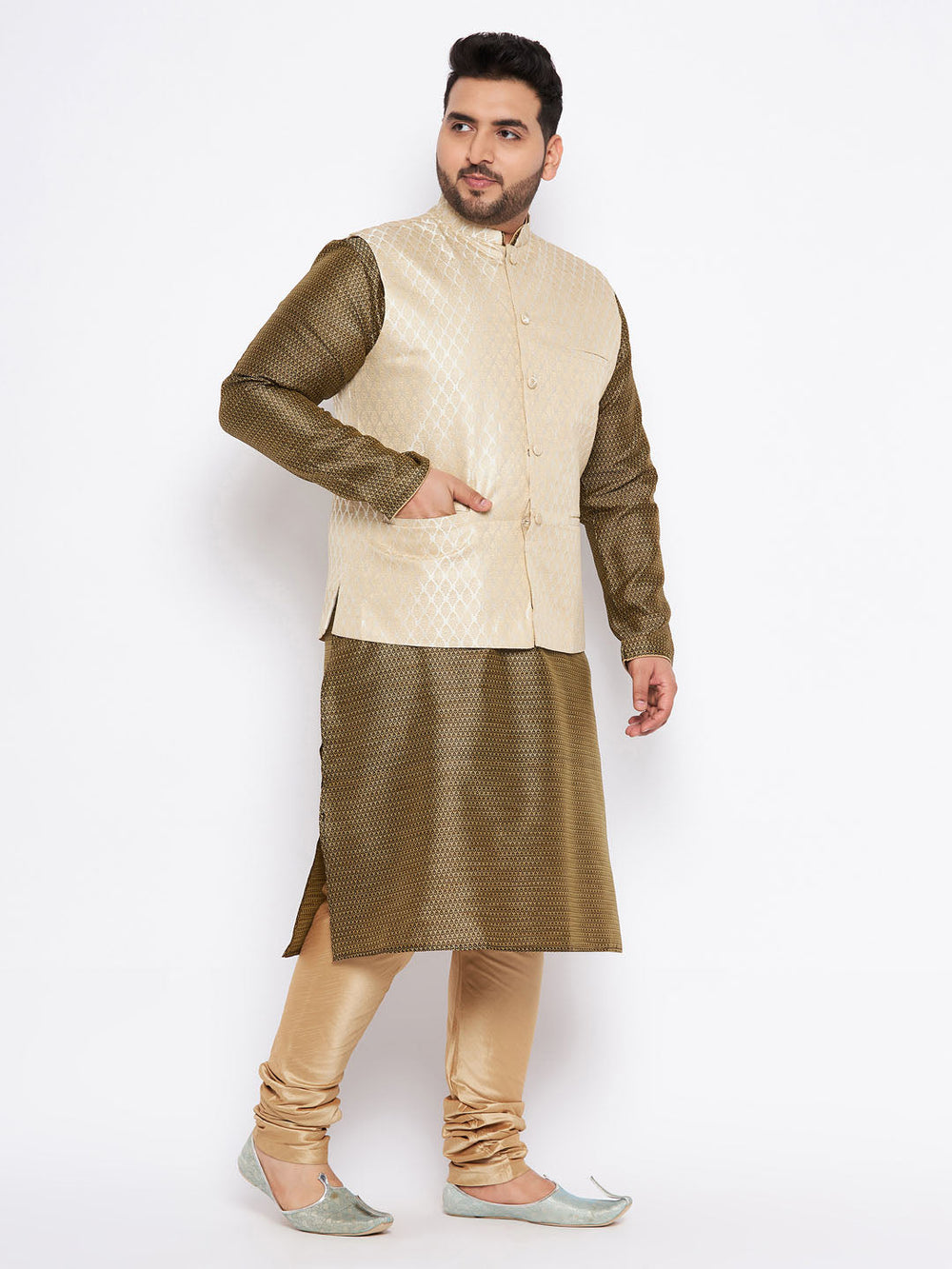 Sarvati Men's Plus Size Cream Ethnic Cream Jacket With Black Silk Blend Kurta and Golden Pyjama Set