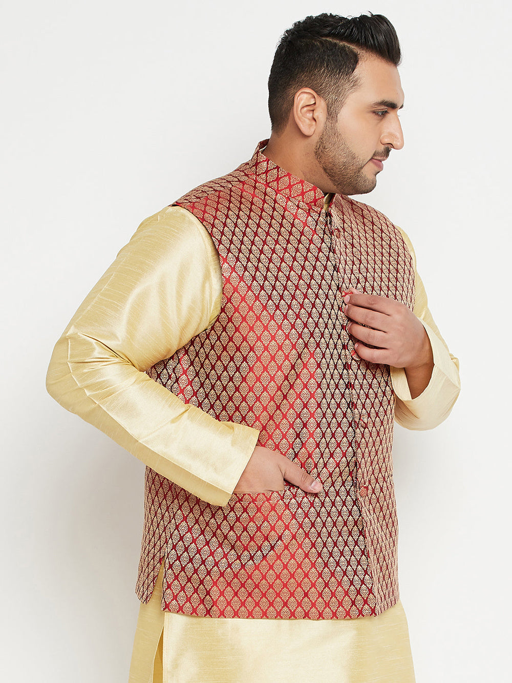 Men's Plus Size Maroon Woven Nehru Jacket