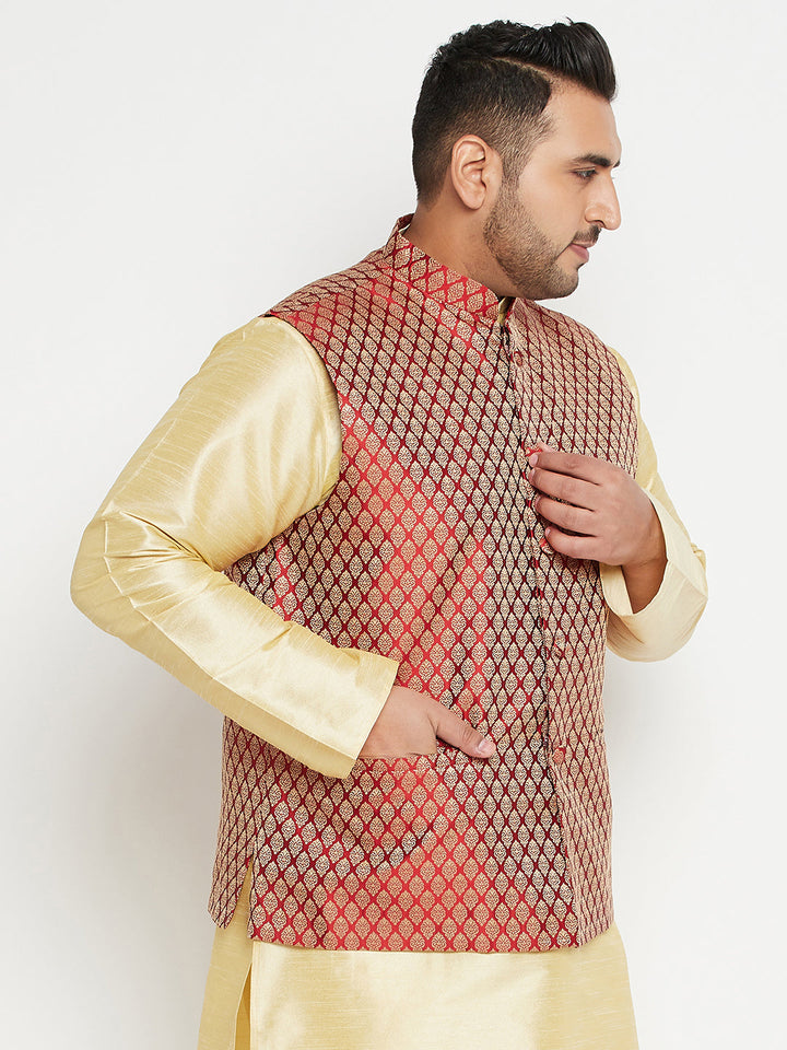Men's Plus Size Maroon Woven Nehru Jacket