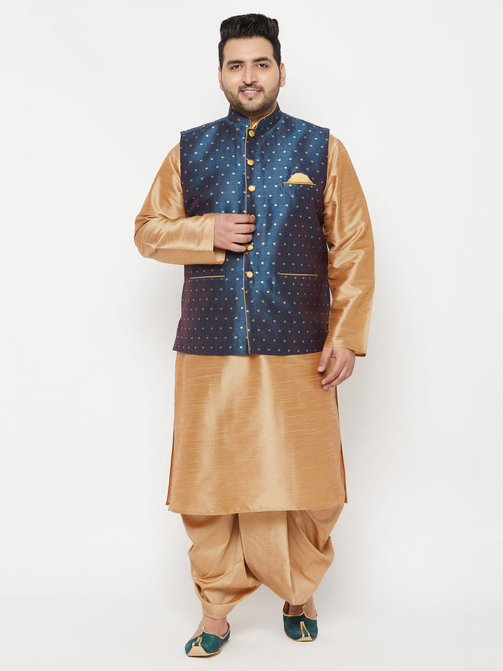 Men's Plus Size Men's Blue Zari Weaved Nehru Jacket With Kurta Dhoti Set