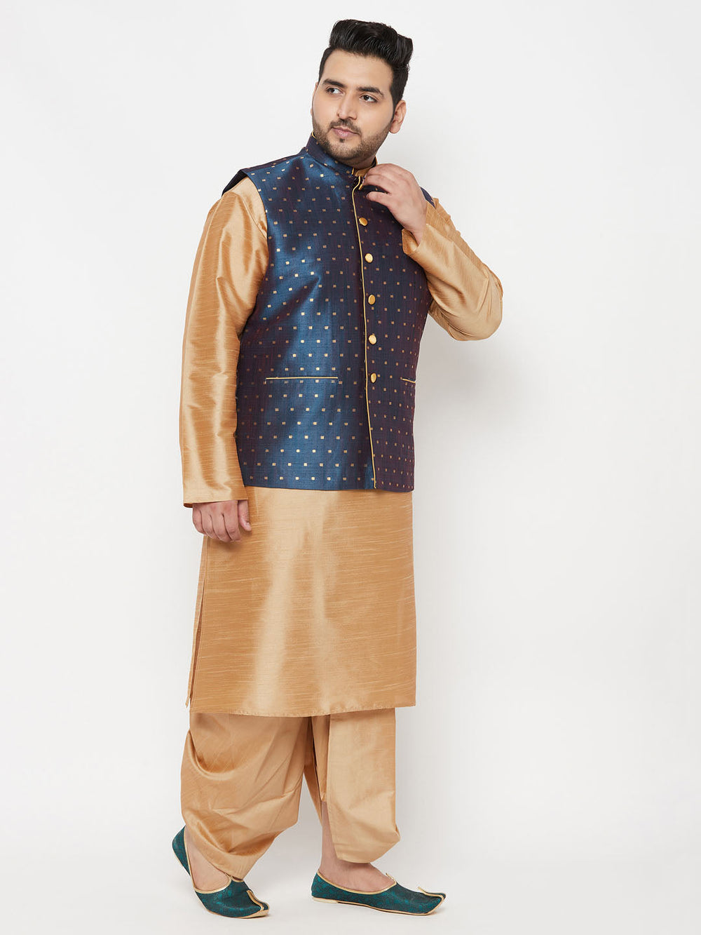 Men's Plus Size Men's Blue Zari Weaved Nehru Jacket With Kurta Dhoti Set - view 2