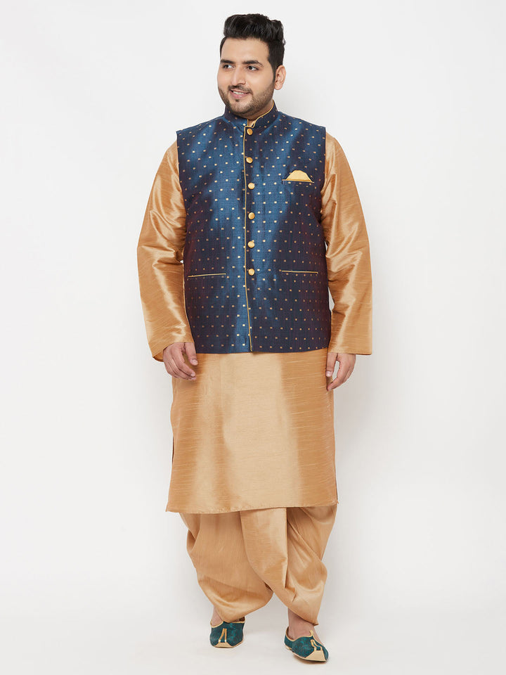Men's Plus Size Men's Blue Zari Weaved Nehru Jacket With Kurta Dhoti Set - view 7