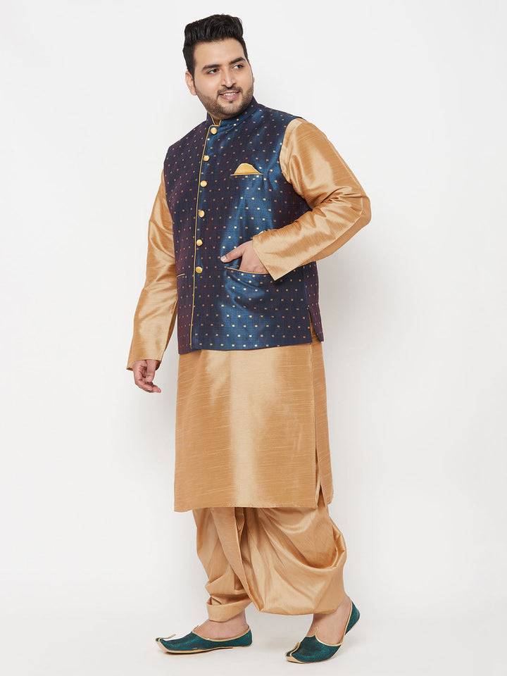 Men's Plus Size Men's Blue Zari Weaved Nehru Jacket With Kurta Dhoti Set - view 6