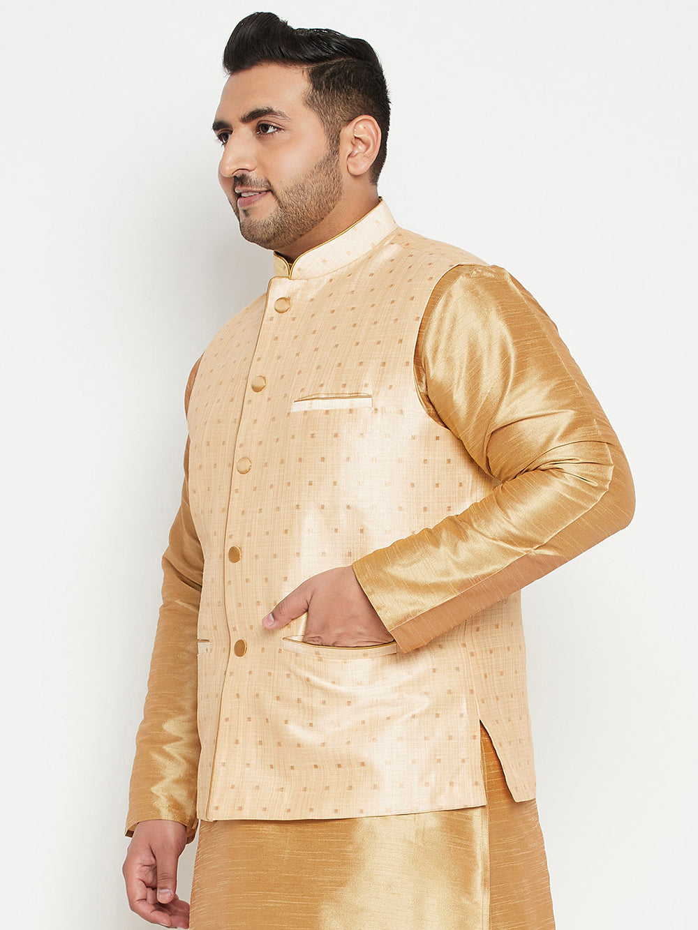 Men's Plus Size Gold Zari Weaved Nehru Jacket