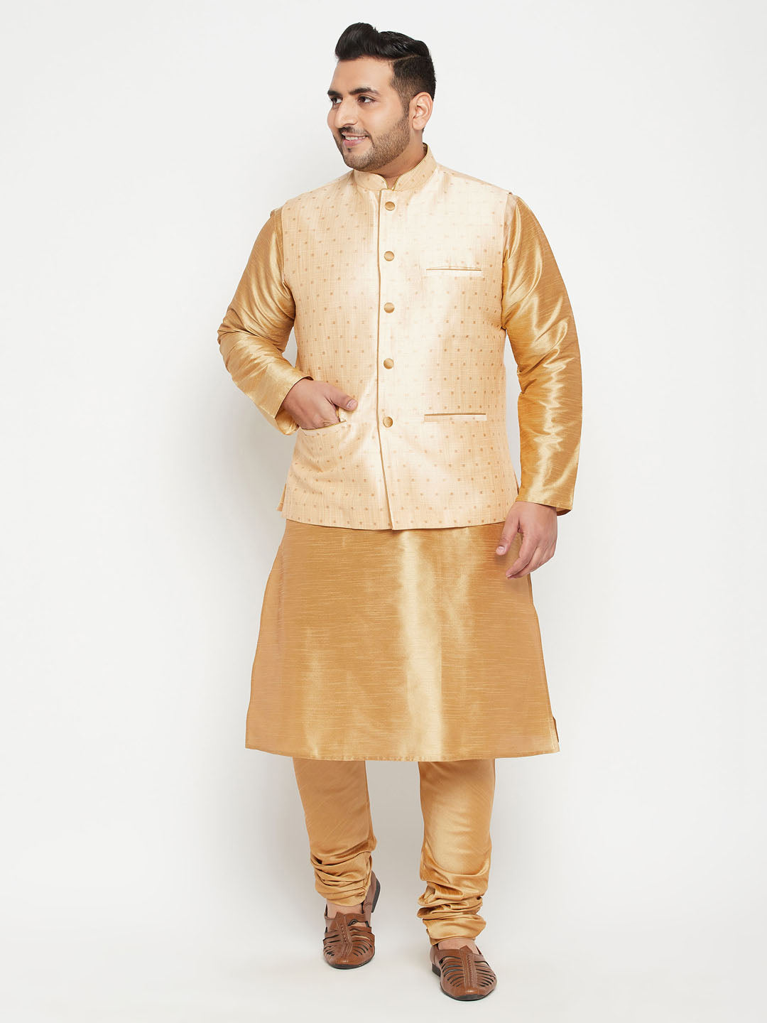 Men's Plus Size Gold Zari Weaved Nehru Jacket