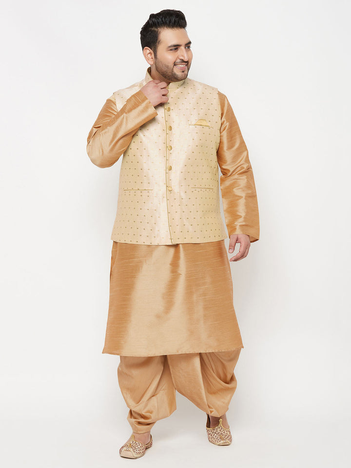 Men's Plus Size Men's Gold Zari Weaved Nehru Jacket With Kurta Dhoti Set