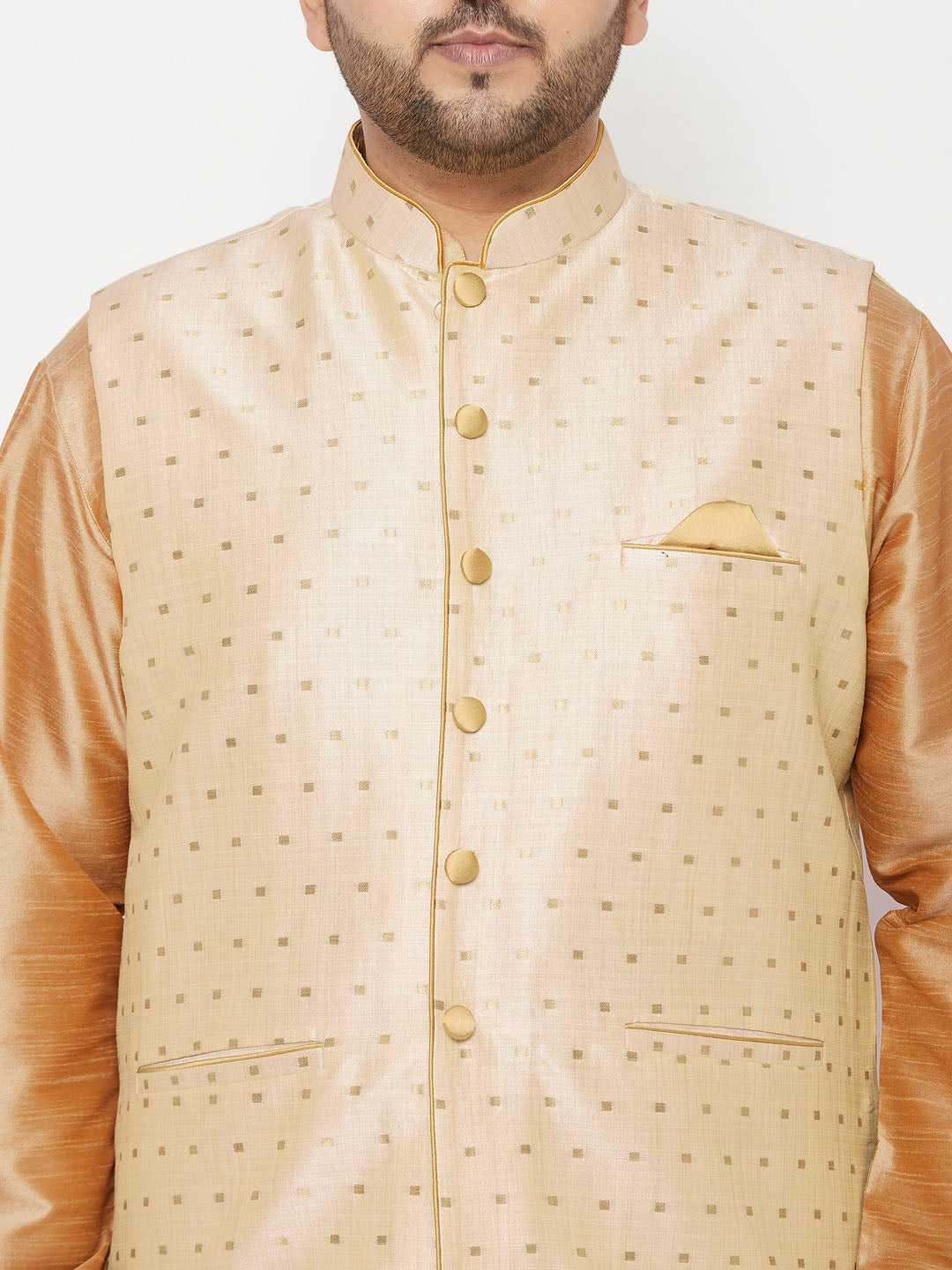 Men's Plus Size Men's Gold Zari Weaved Nehru Jacket With Kurta Dhoti Set - view 4