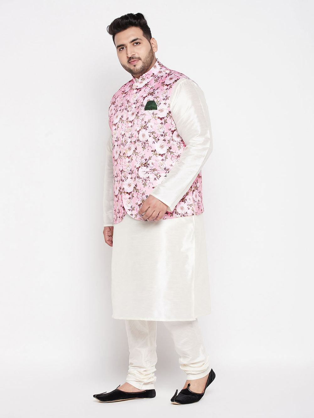 Men's Plus Size Pink Floral Printed Jacket With Cream Solid Kurta Pyjama Set - view 2