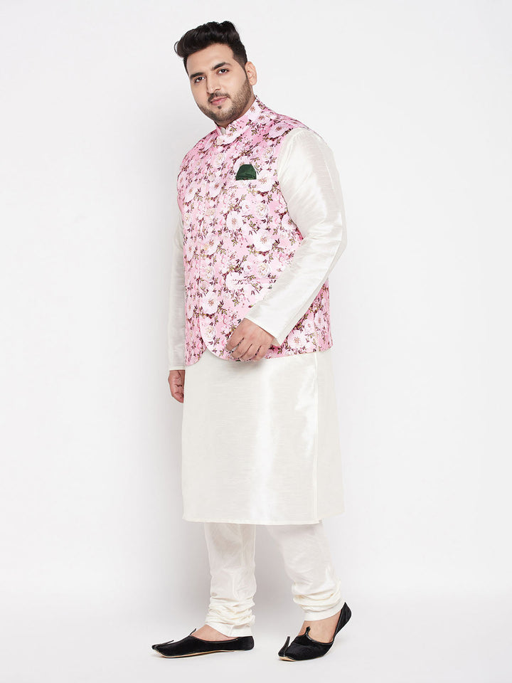 Men's Plus Size Pink Floral Printed Jacket With Cream Solid Kurta Pyjama Set - view 2
