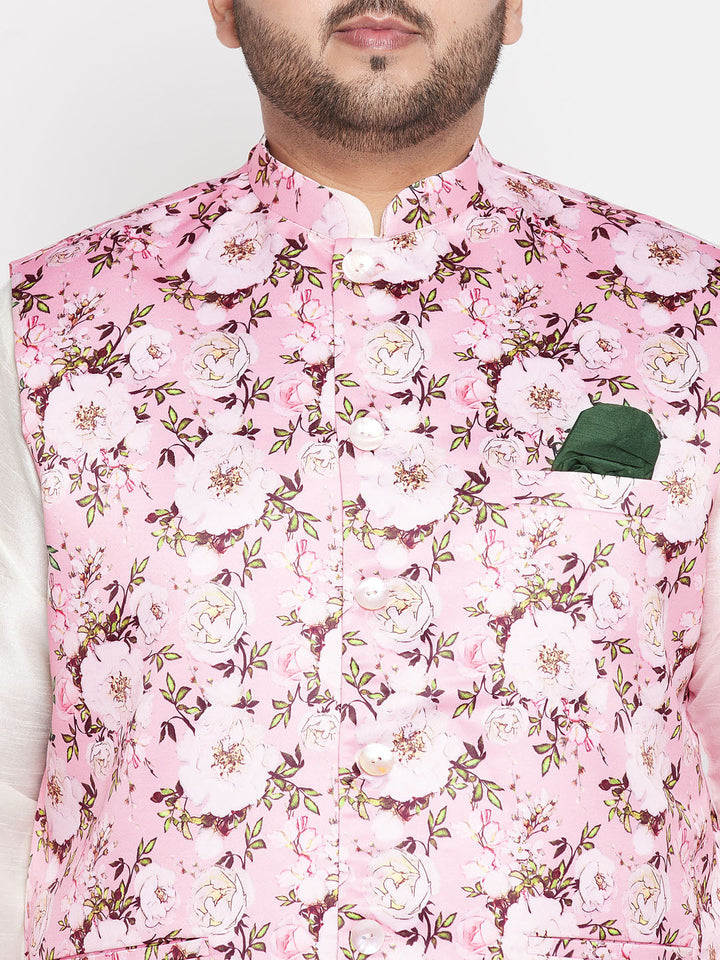 Men's Plus Size Pink Floral Printed Jacket With Cream Solid Kurta Pyjama Set - view 4
