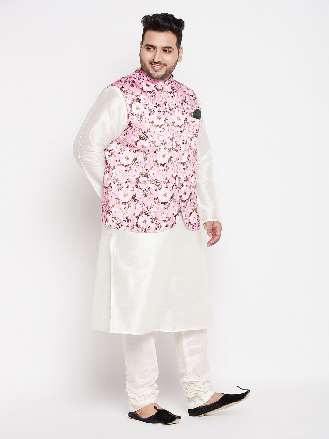 Men's Plus Size Pink Floral Printed Jacket With Cream Solid Kurta Pyjama Set - view 6