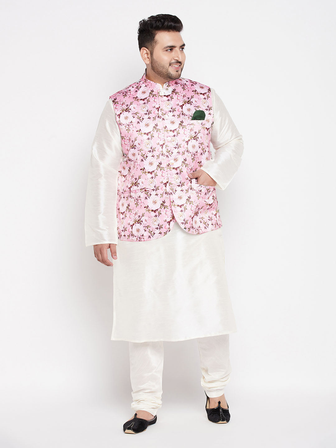 Men's Plus Size Pink Floral Printed Jacket With Cream Solid Kurta Pyjama Set - view 7