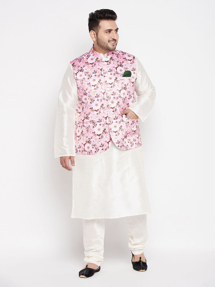 Men's Plus Size Pink Floral Printed Jacket With Cream Solid Kurta Pyjama Set - view 7