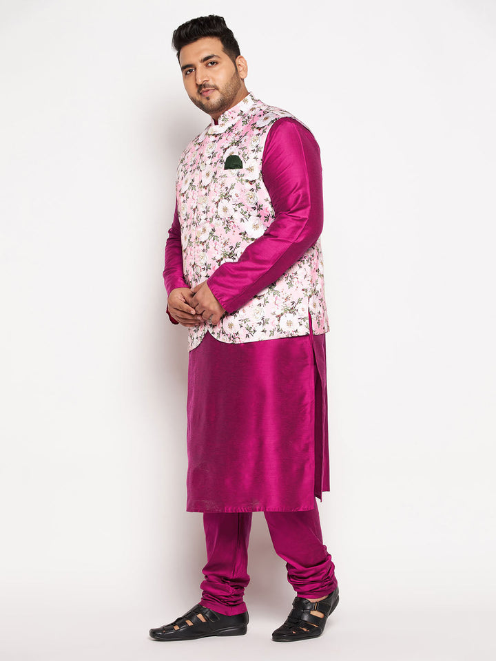 Men's Plus Size Pink Floral Printed Jacket With Fuchsia Solid Kurta Pyjama Set - view 2