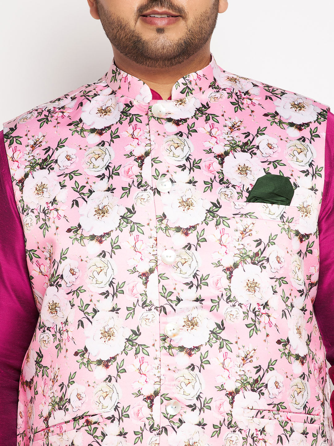 Men's Plus Size Pink Floral Printed Jacket With Fuchsia Solid Kurta Pyjama Set - view 4