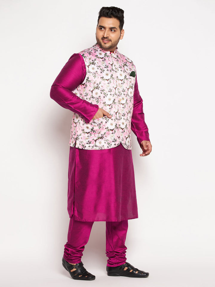 Men's Plus Size Pink Floral Printed Jacket With Fuchsia Solid Kurta Pyjama Set - view 6