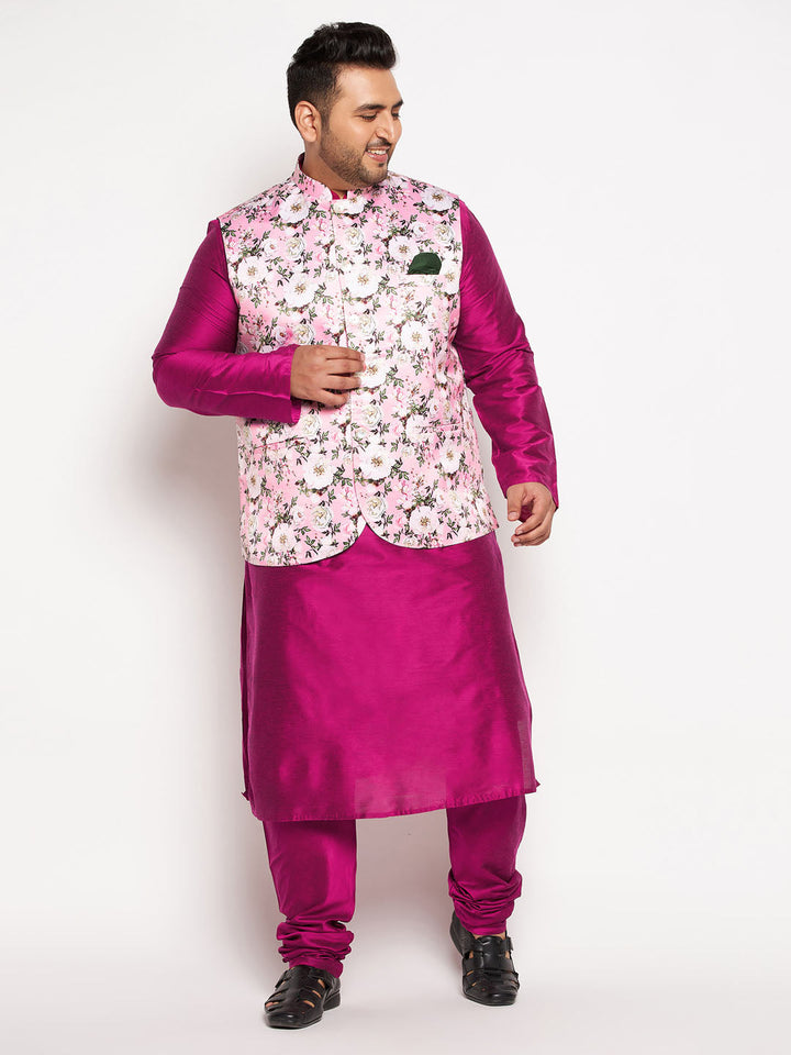 Men's Plus Size Pink Floral Printed Jacket With Fuchsia Solid Kurta Pyjama Set - view 7