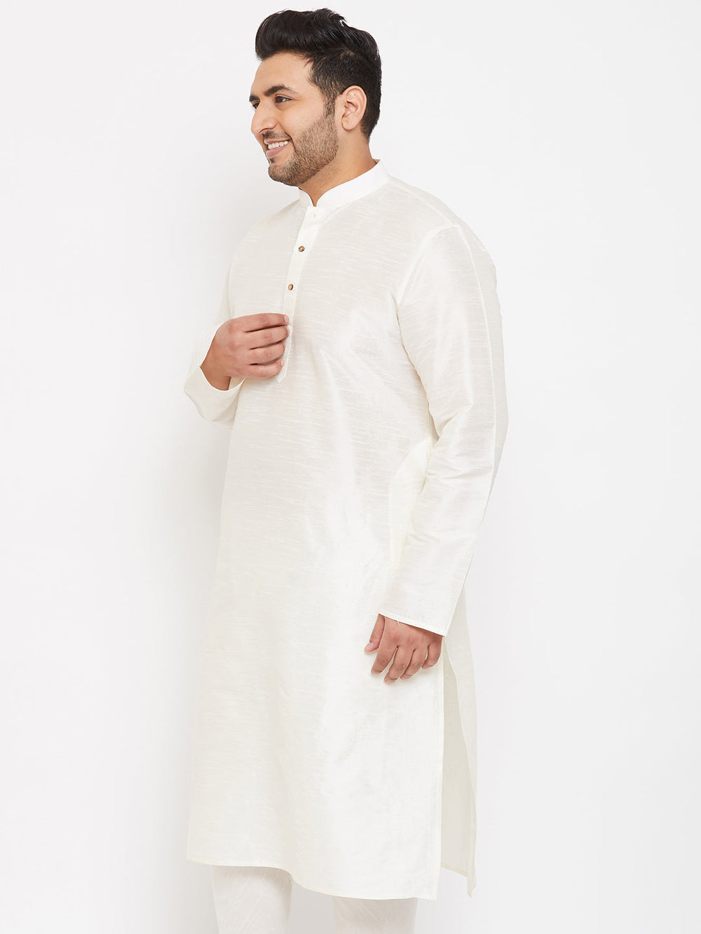 Men's Plus Size Cream Silk Blend Kurta - view 2