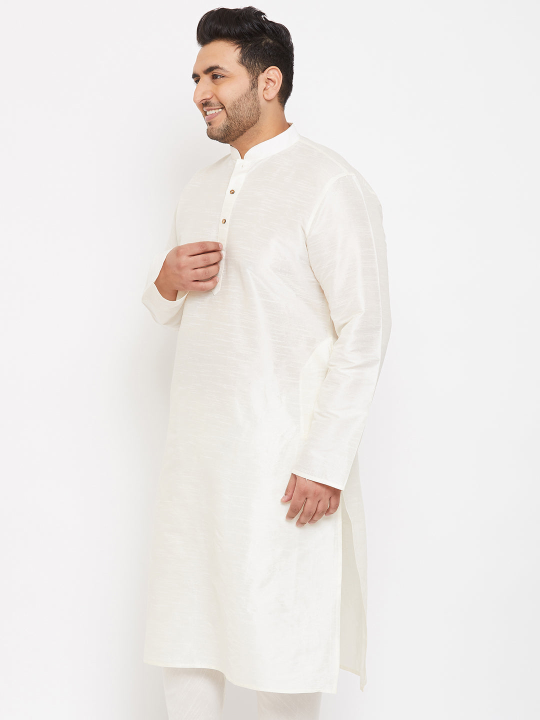 Men's Plus Size Cream Silk Blend Kurta - view 2
