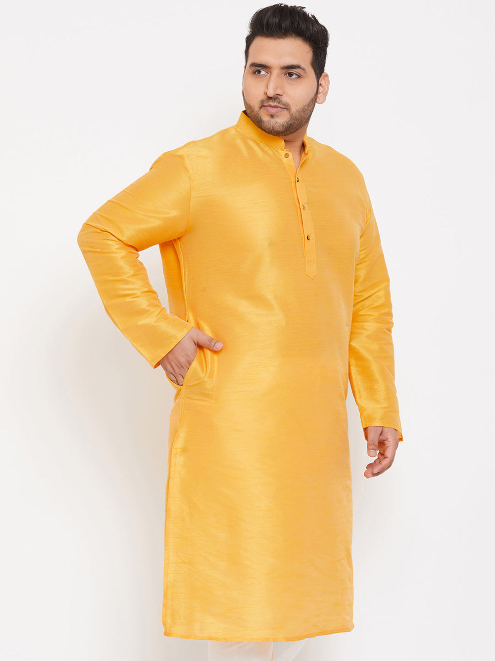 Men's Plus Size Yellow Silk Blend Kurta - view 2