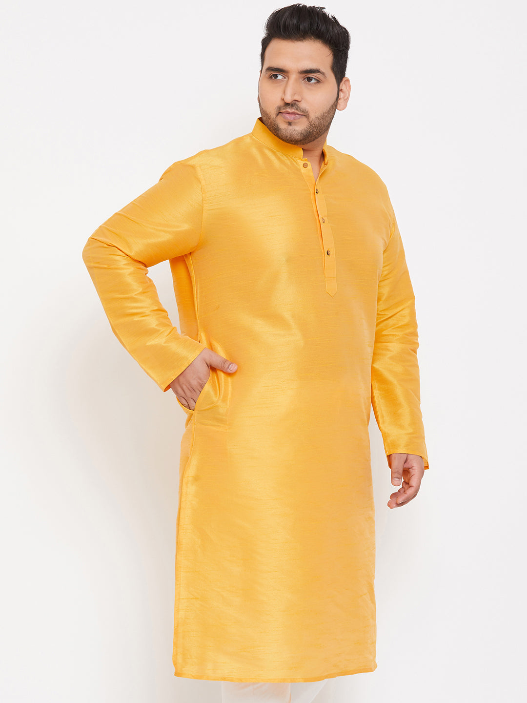 Men's Plus Size Yellow Silk Blend Kurta - view 2