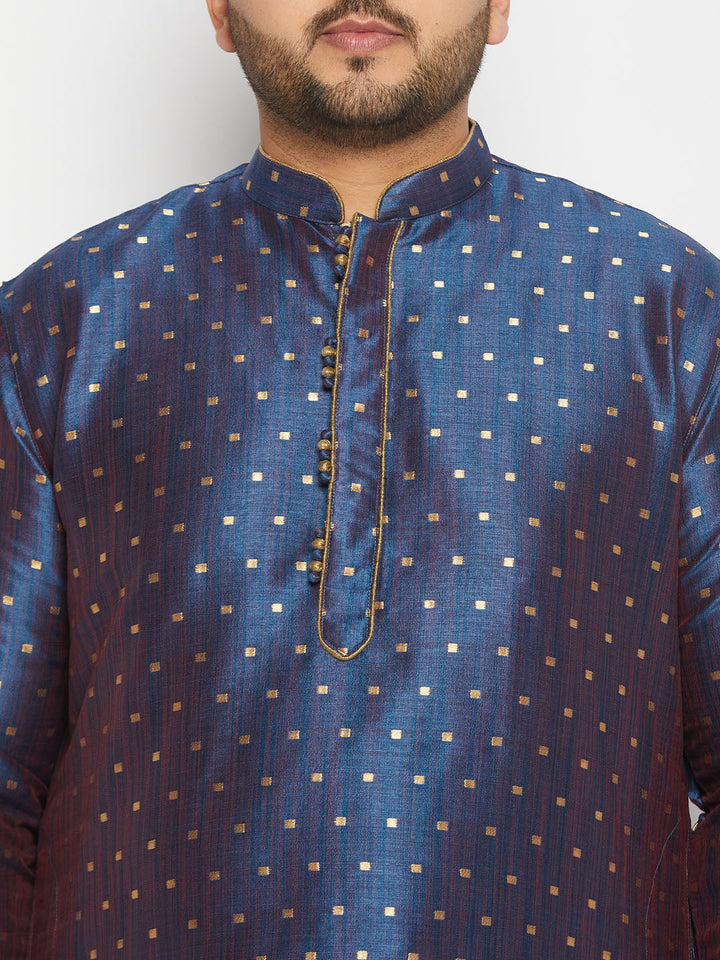 Men's Plus Size Navy Blue Zari Weaved Kurta